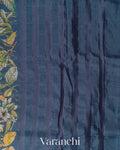 Denim Blue Floral Digital Printed Pure Silk Linen Handloom Saree