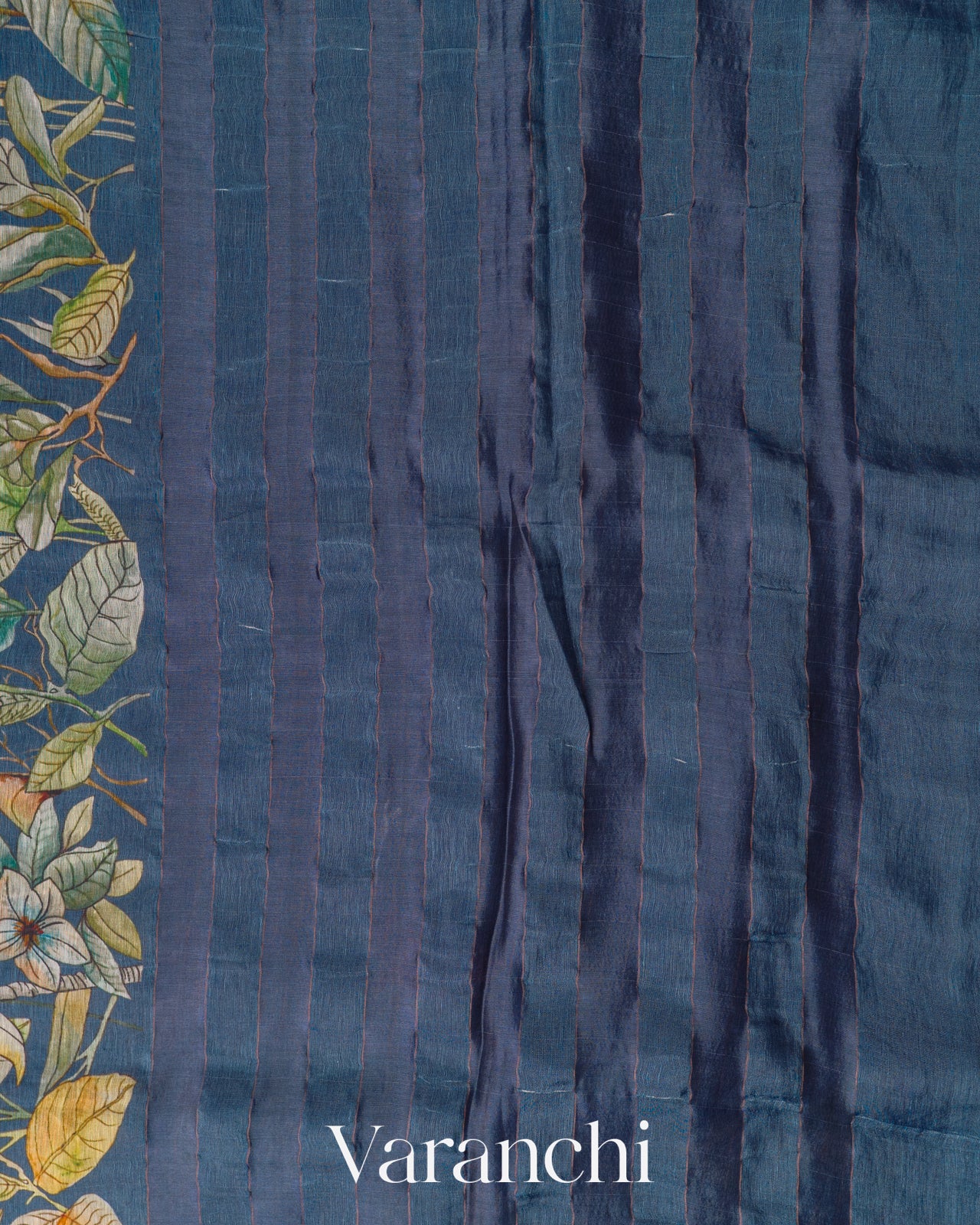 Denim Blue Floral Digital Printed Pure Silk Linen Handloom Saree