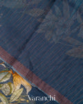 Denim Blue Floral Digital Printed Pure Silk Linen Handloom Saree