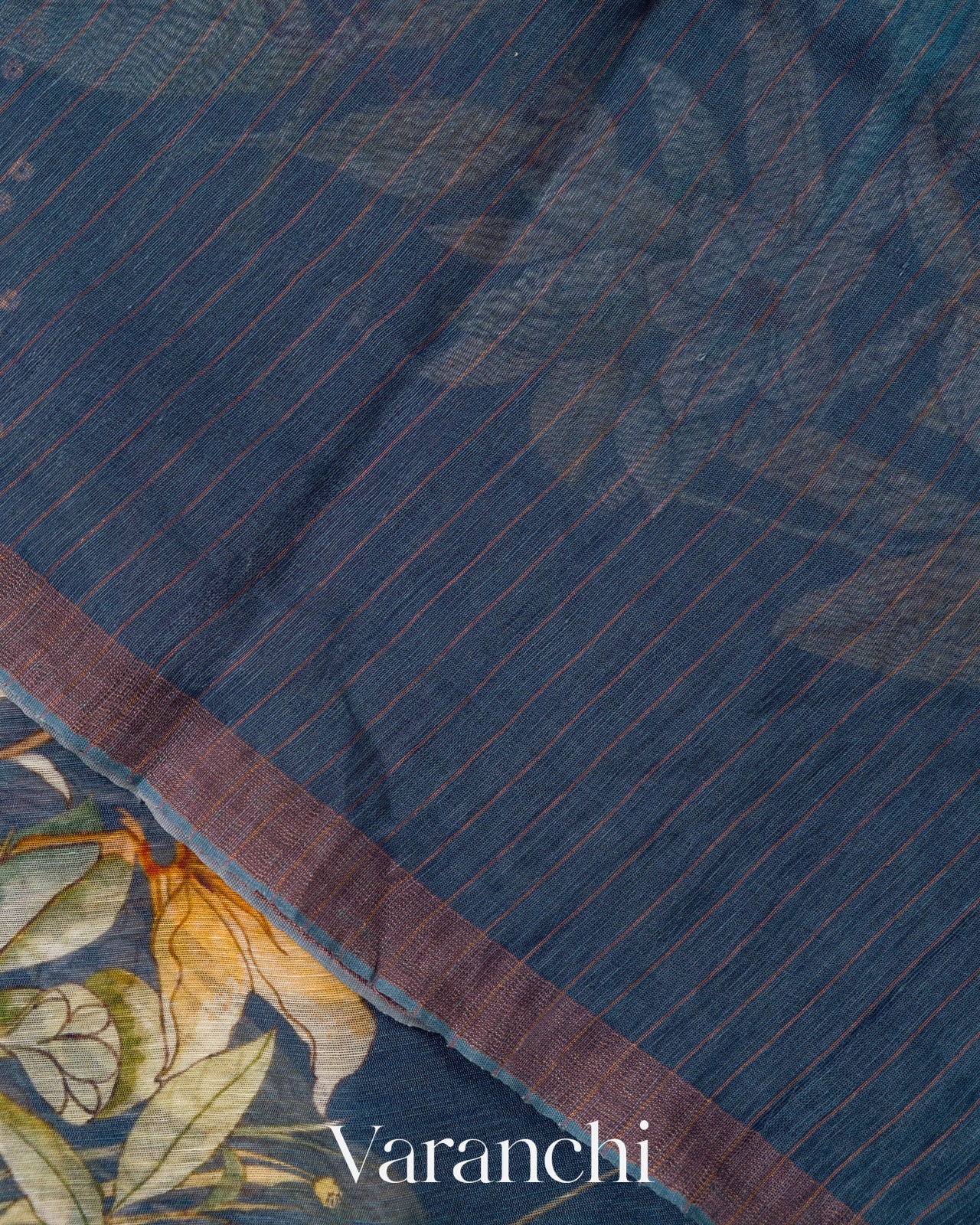 Denim Blue Floral Digital Printed Pure Silk Linen Handloom Saree