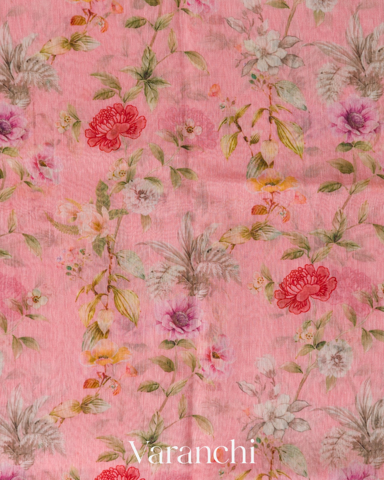 Blush Pink Floral Digital Printed Pure Silk Linen Handloom Saree
