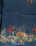 Denim Blue Floral Digital Printed Pure Silk Linen Handloom Saree