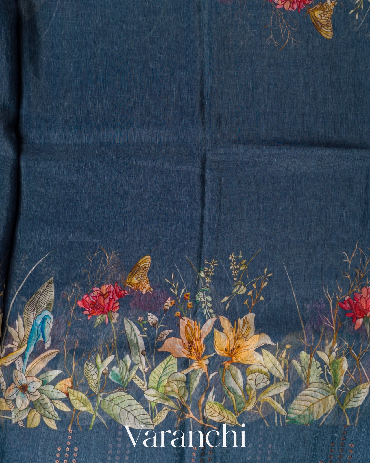 Denim Blue Floral Digital Printed Pure Silk Linen Handloom Saree