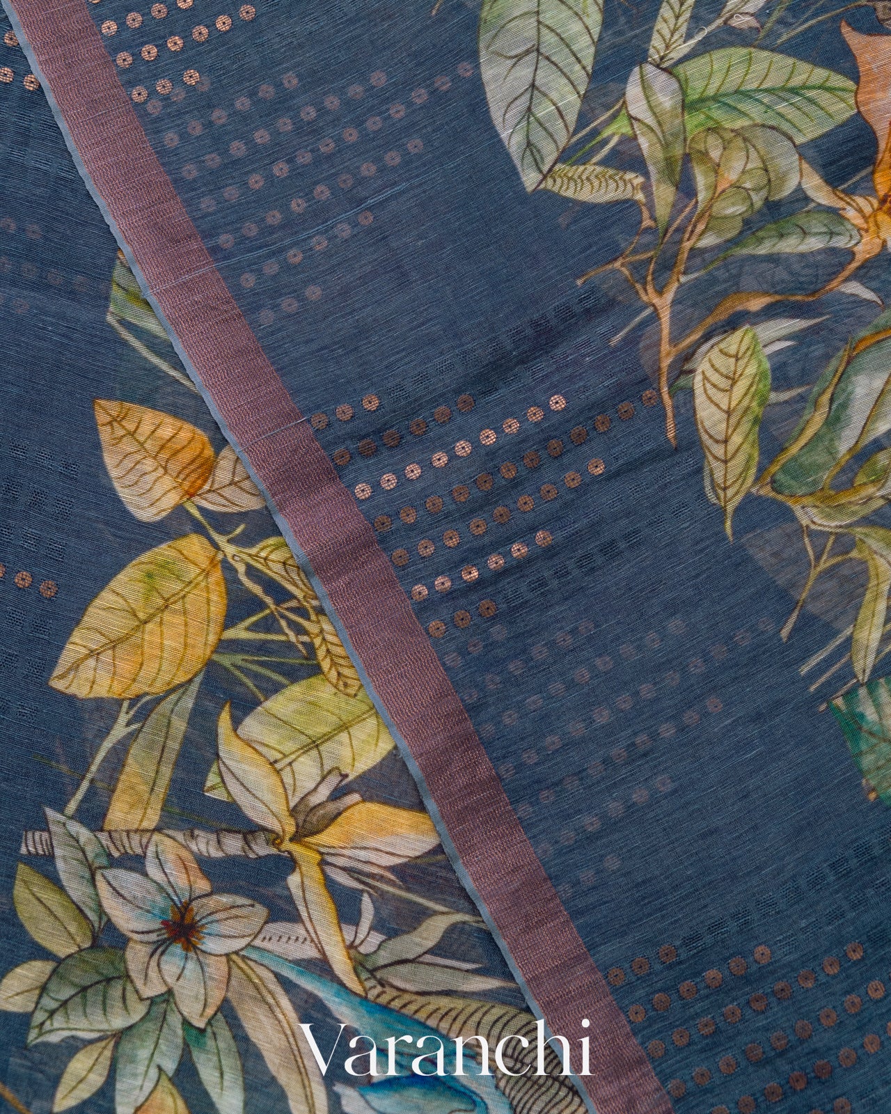 Denim Blue Floral Digital Printed Pure Silk Linen Handloom Saree