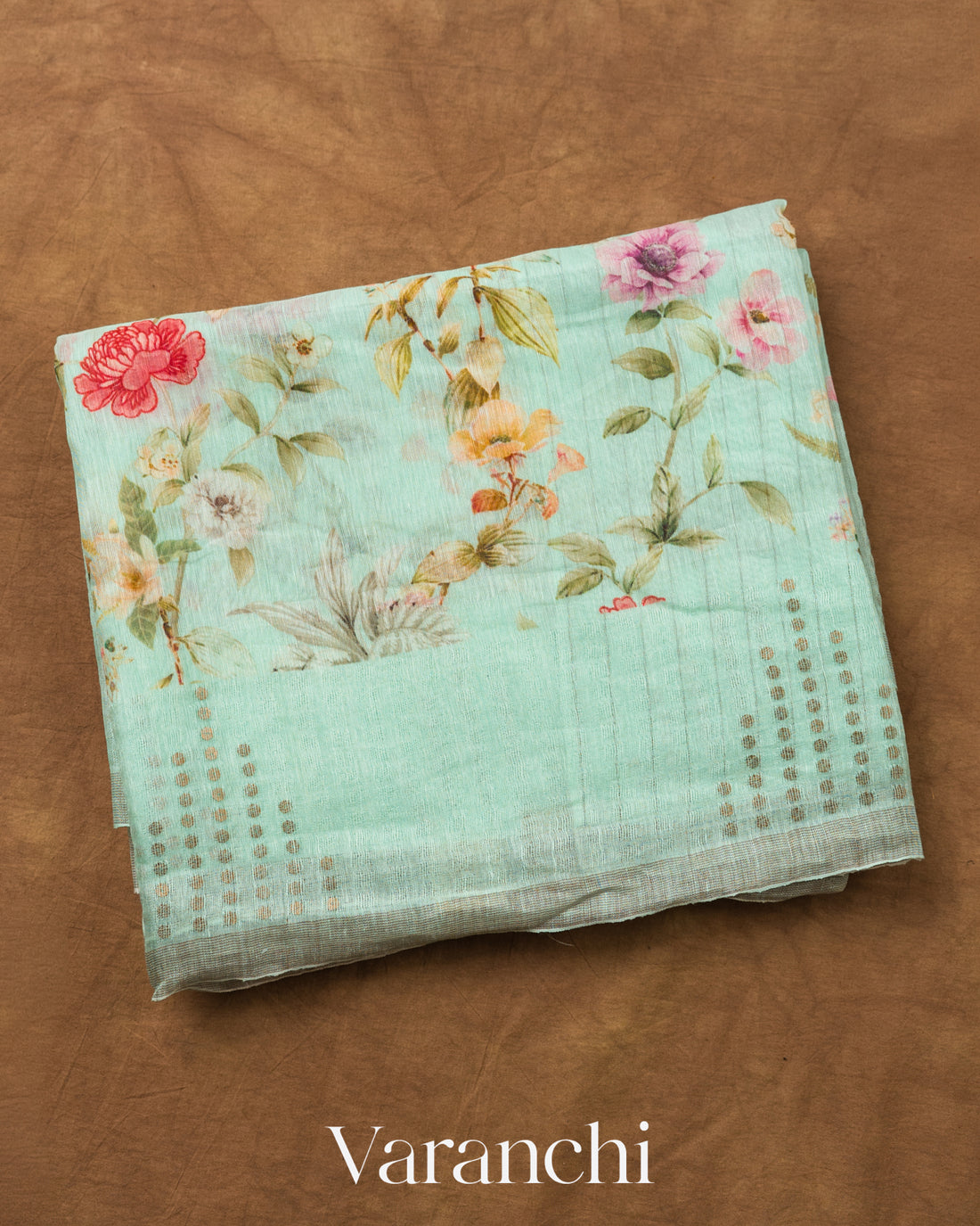 Pastel Green Floral Digital Printed Pure Silk Linen Handloom Saree