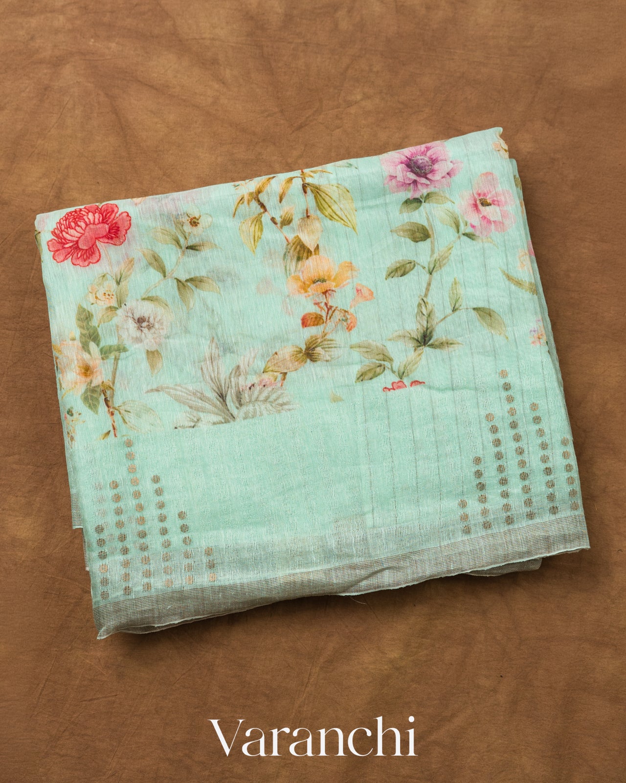 Pastel Green Floral Digital Printed Pure Silk Linen Handloom Saree