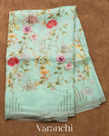 Pastel Green Floral Digital Printed Pure Silk Linen Handloom Saree