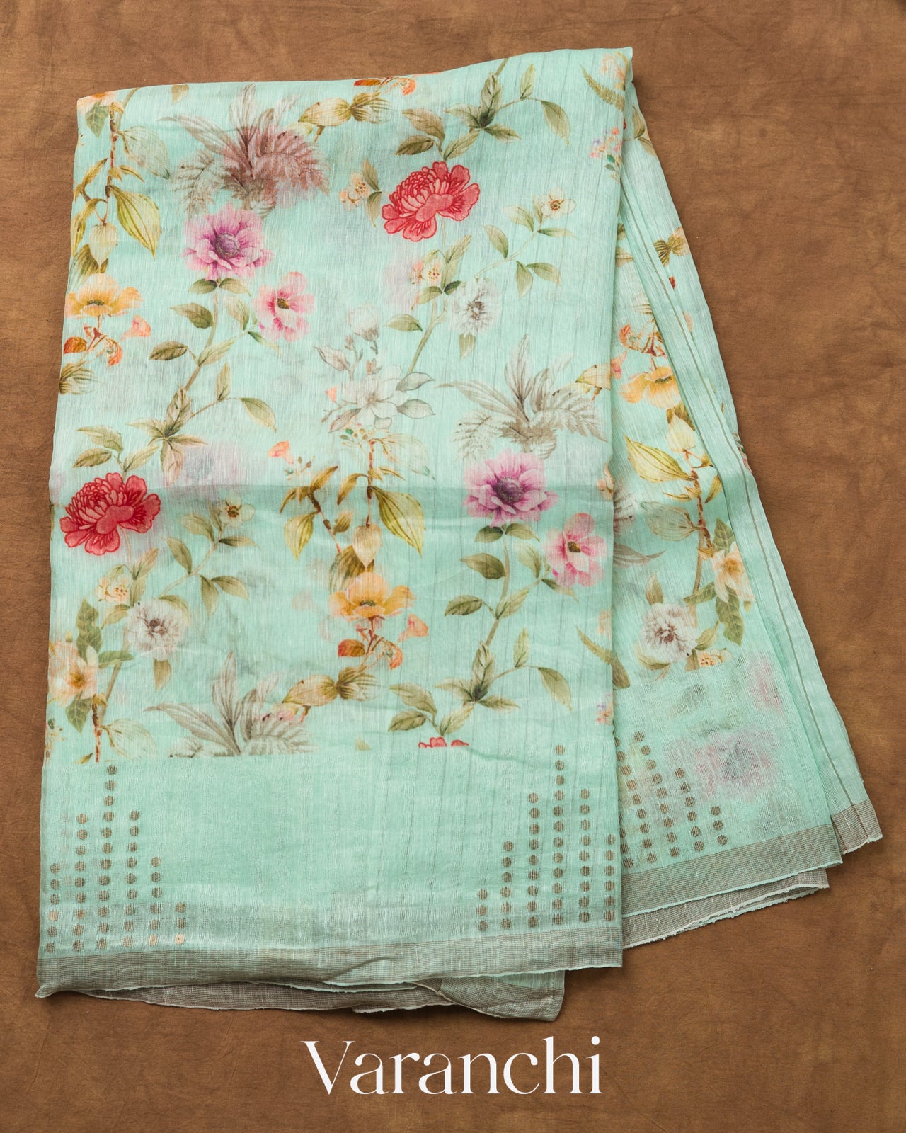 Pastel Green Floral Digital Printed Pure Silk Linen Handloom Saree