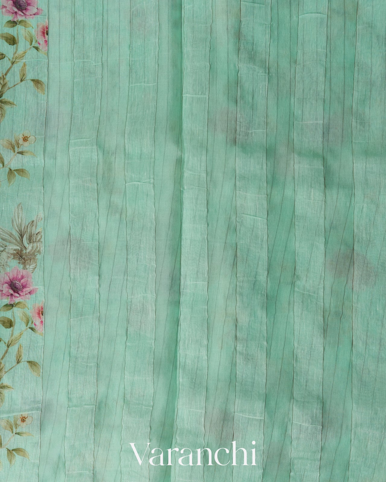 Pastel Green Floral Digital Printed Pure Silk Linen Handloom Saree