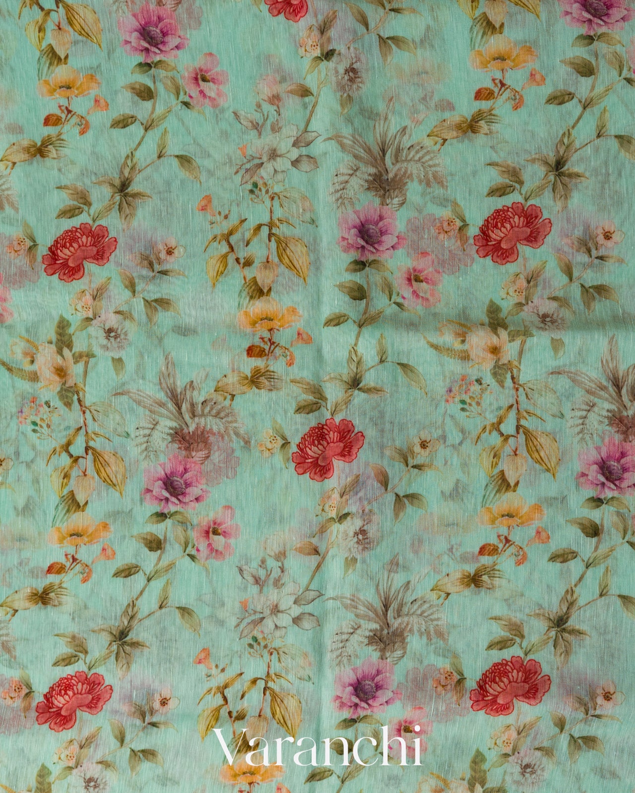 Pastel Green Floral Digital Printed Pure Silk Linen Handloom Saree