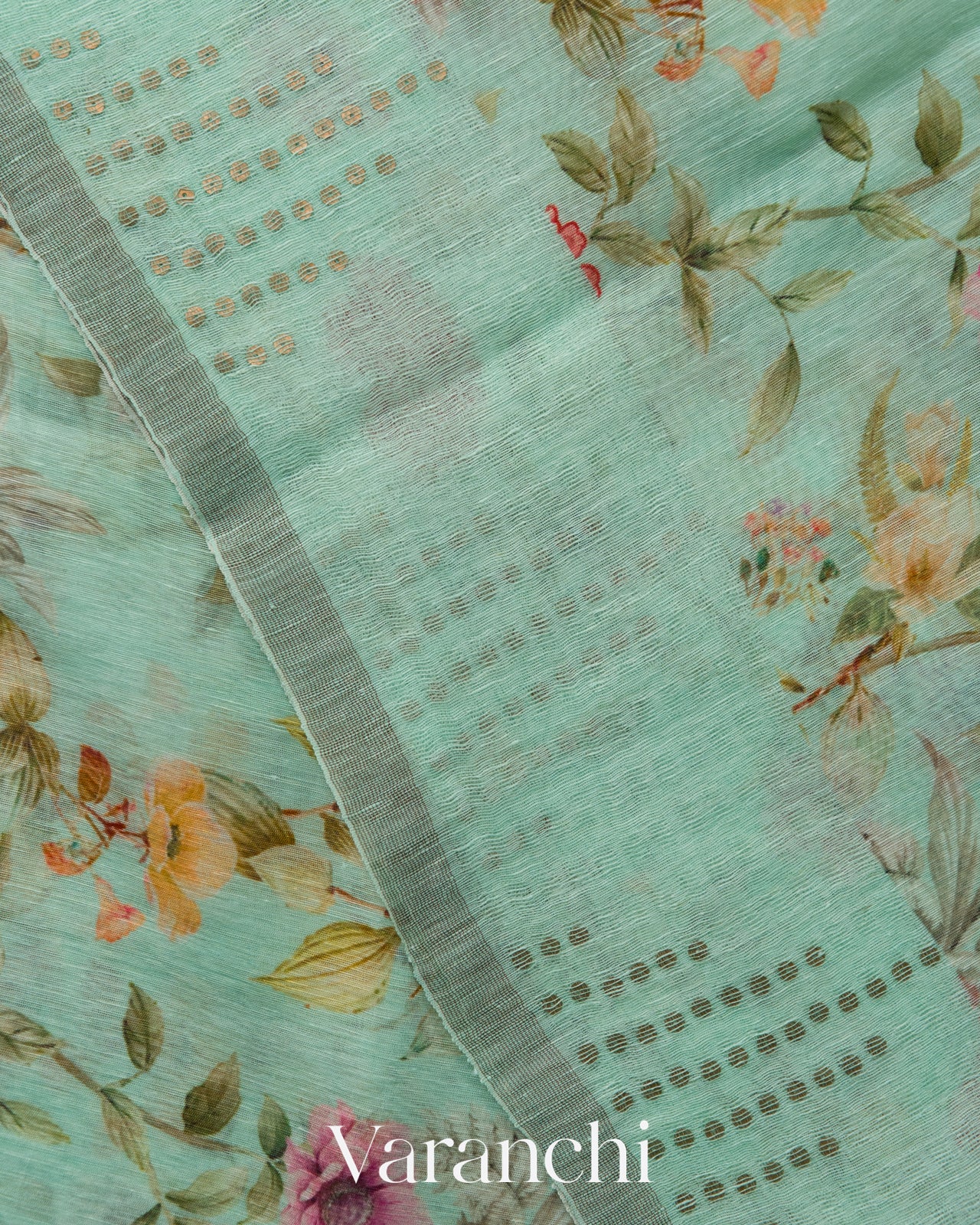 Pastel Green Floral Digital Printed Pure Silk Linen Handloom Saree
