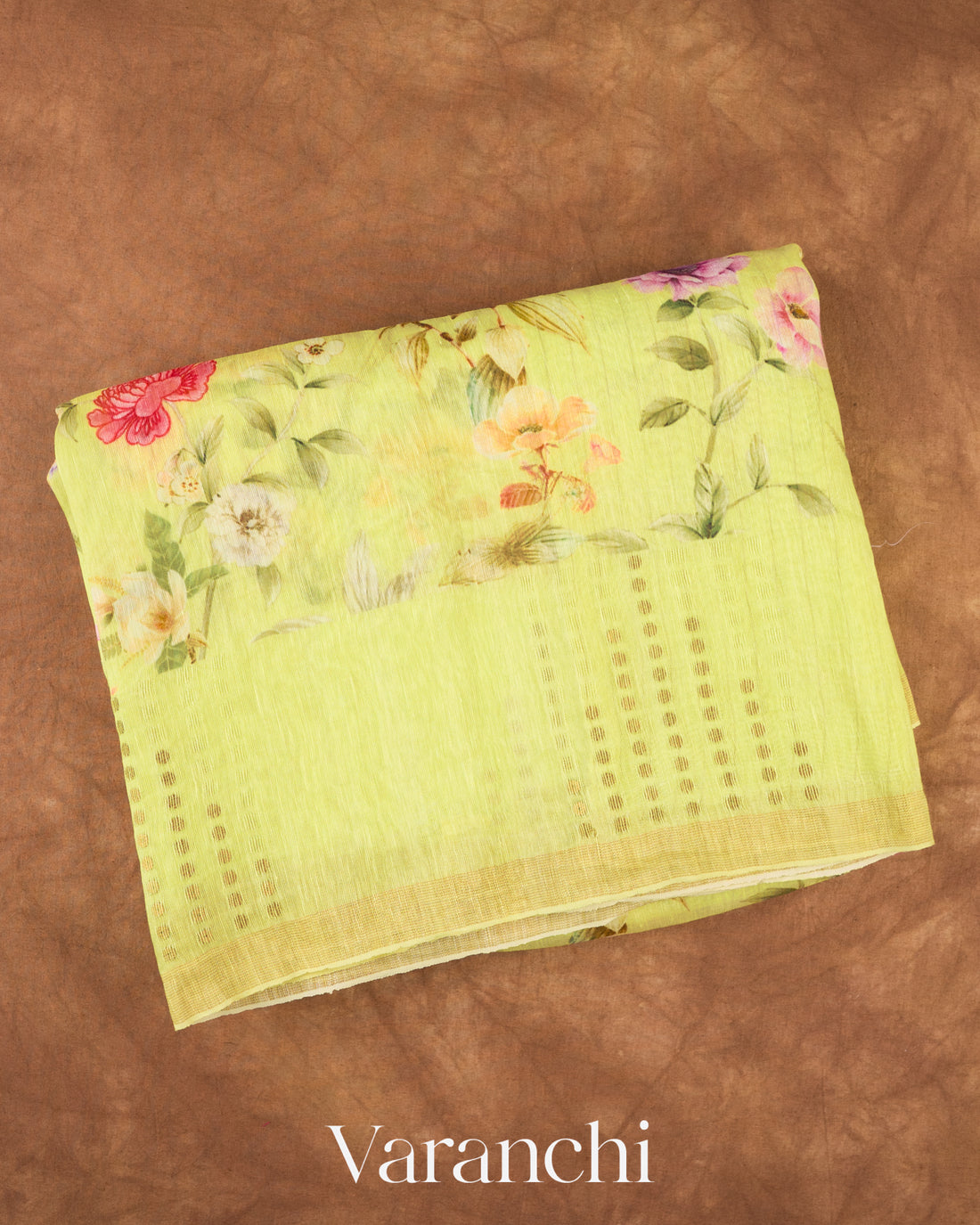 Lime Green Digital Floral Printed Pure Silk Linen Handloom Saree