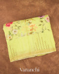Lime Green Digital Floral Printed Pure Silk Linen Handloom Saree