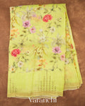 Lime Green Digital Floral Printed Pure Silk Linen Handloom Saree