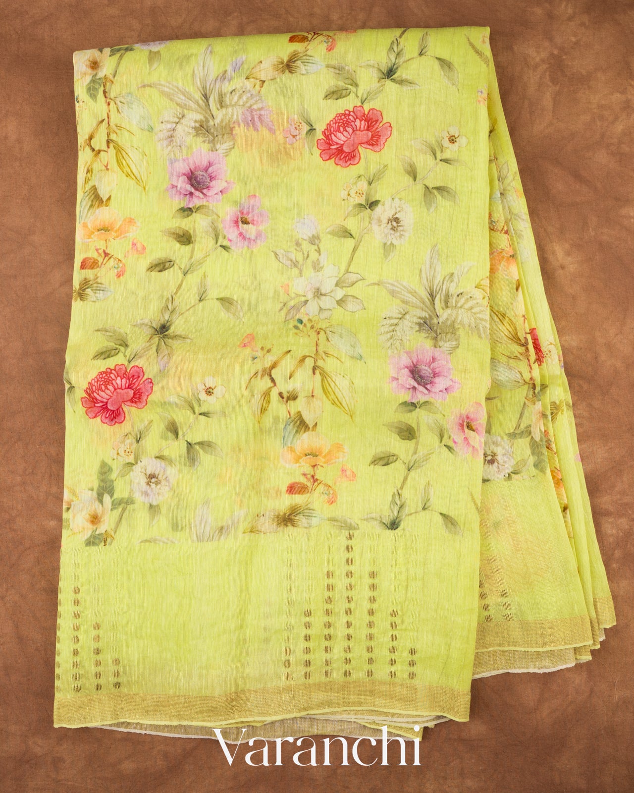 Lime Green Digital Floral Printed Pure Silk Linen Handloom Saree