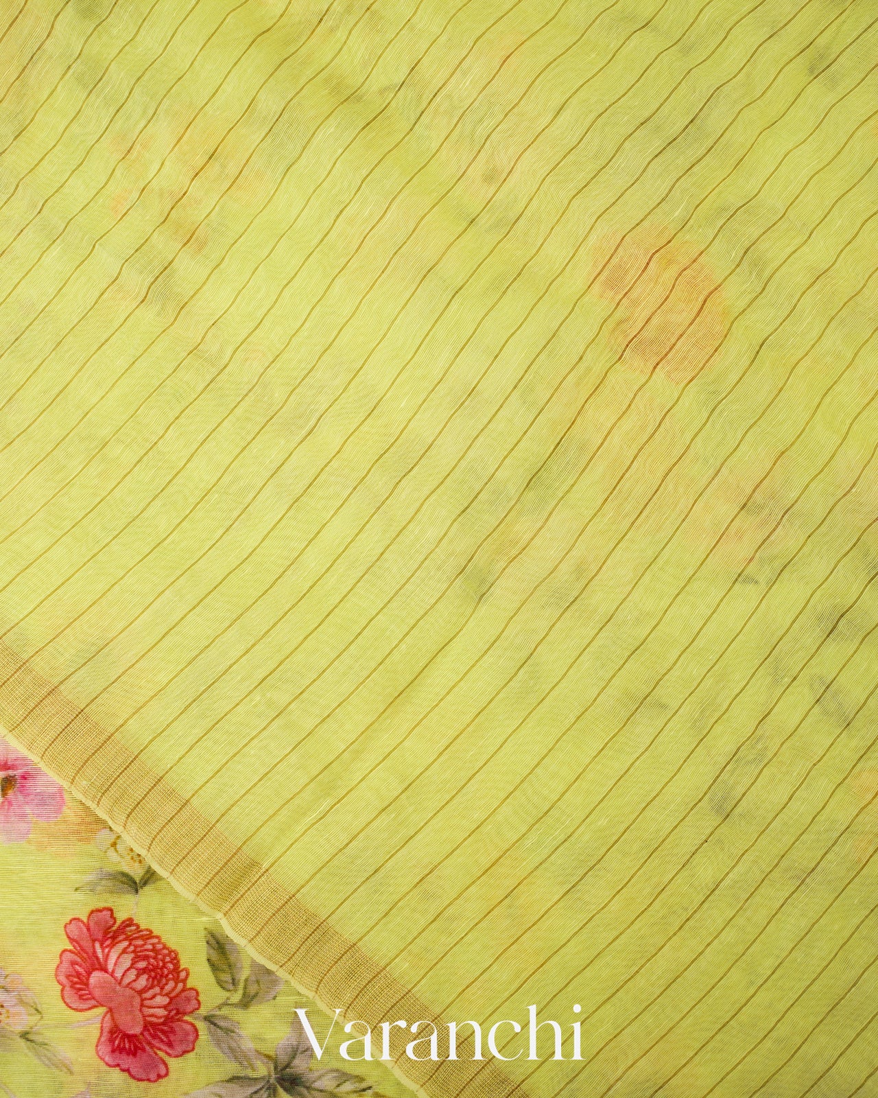 Lime Green Digital Floral Printed Pure Silk Linen Handloom Saree
