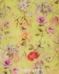 Lime Green Digital Floral Printed Pure Silk Linen Handloom Saree