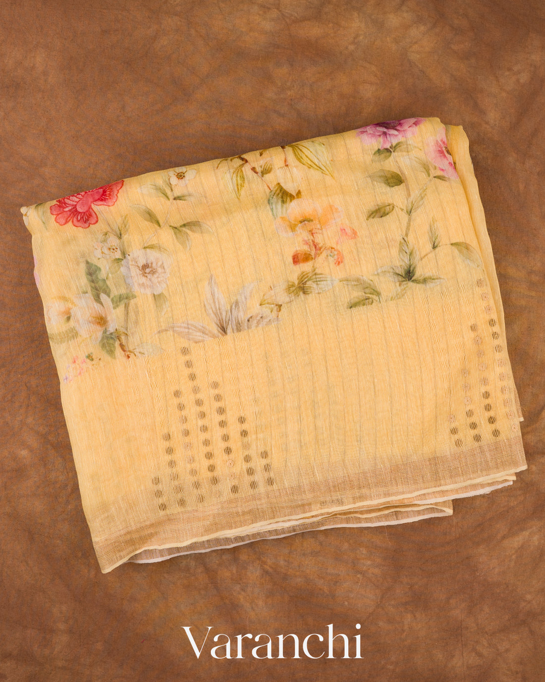 Butter Yellow Digital Floral Printed Pure Silk Linen Handloom Saree