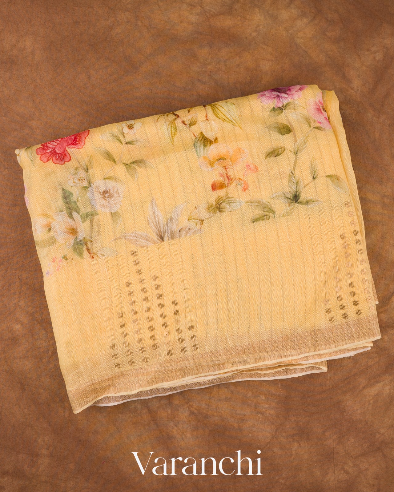 Butter Yellow Digital Floral Printed Pure Silk Linen Handloom Saree
