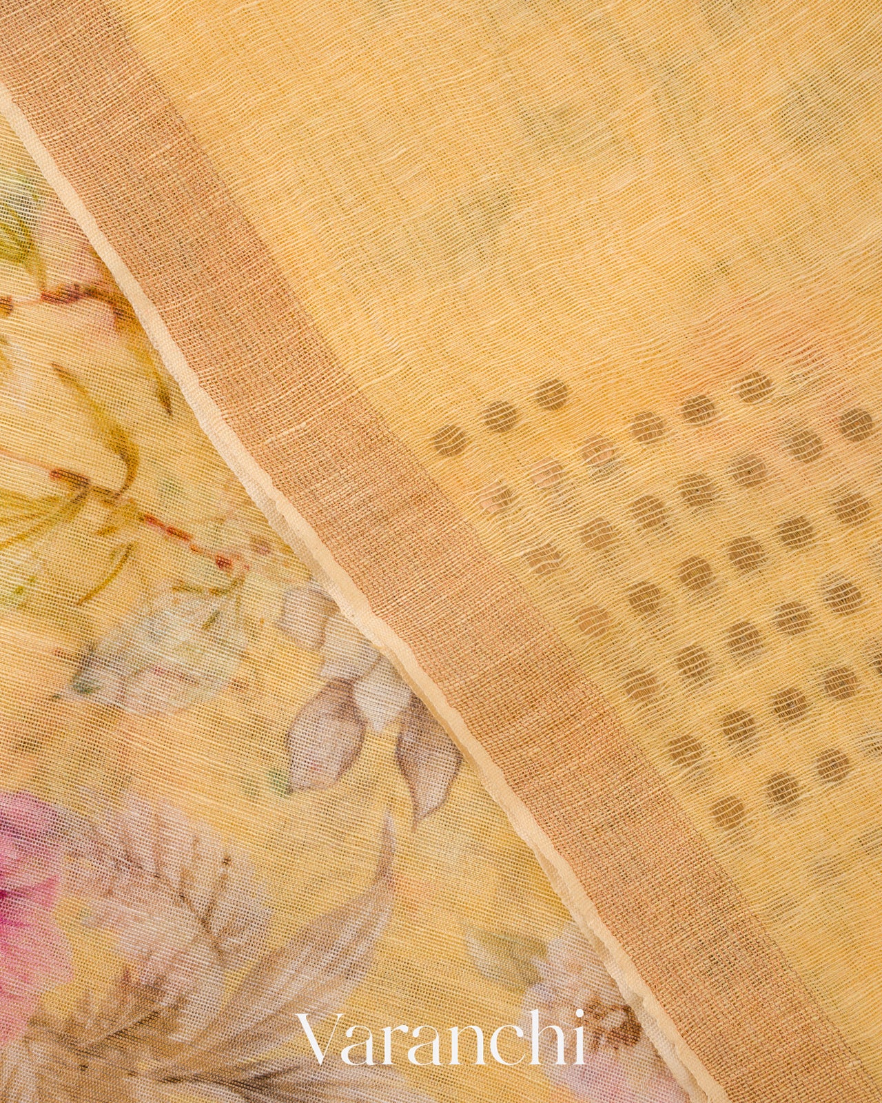Butter Yellow Digital Floral Printed Pure Silk Linen Handloom Saree