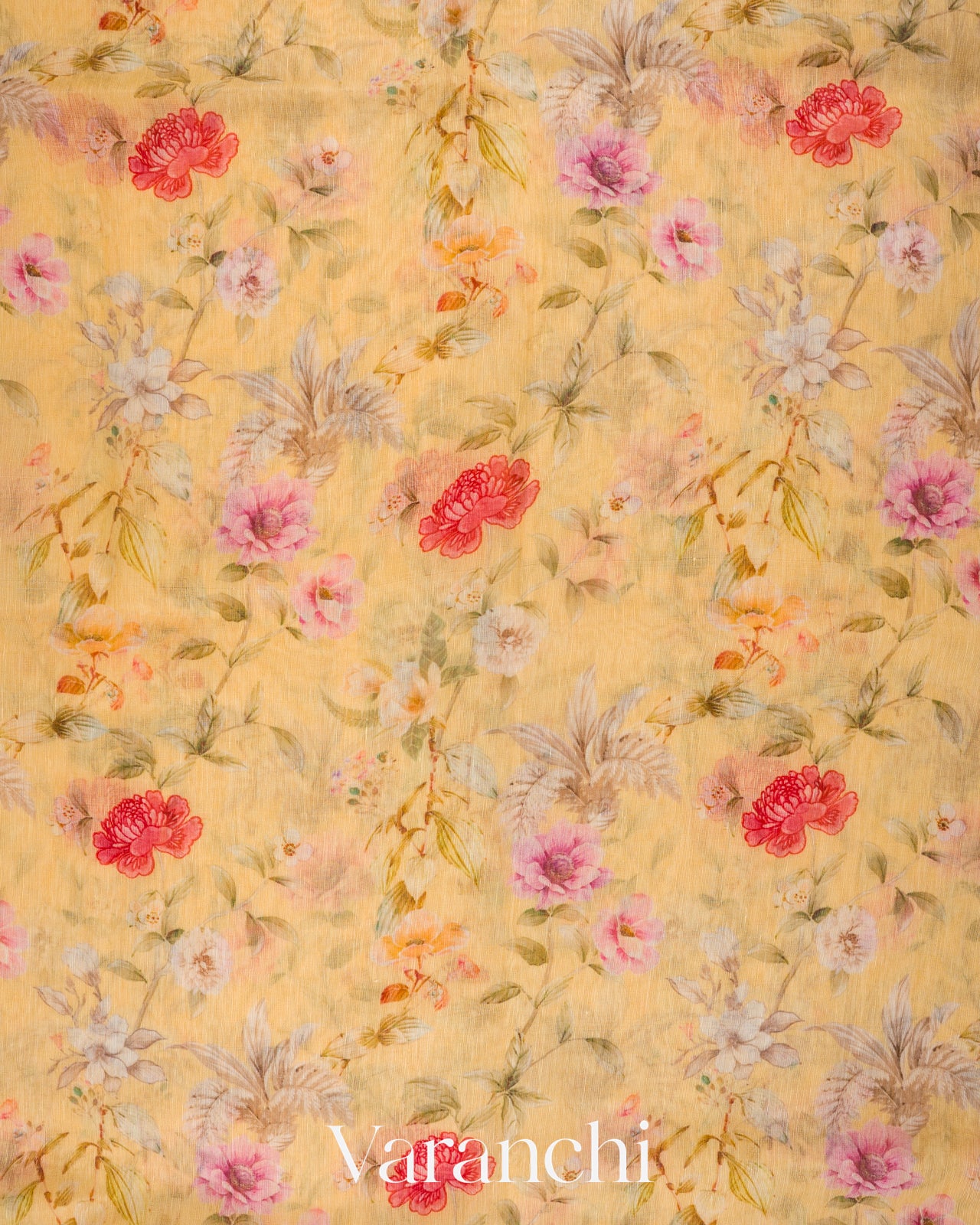 Butter Yellow Digital Floral Printed Pure Silk Linen Handloom Saree