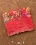 Coral Red Floral Digital Printed Pure Silk Linen Handloom Saree