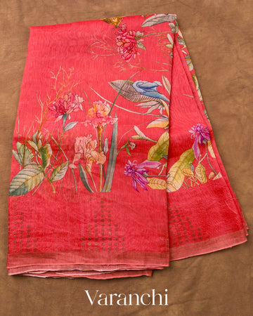 Coral Red Digital Printed Pure Linen Kora Silk Handloom Saree