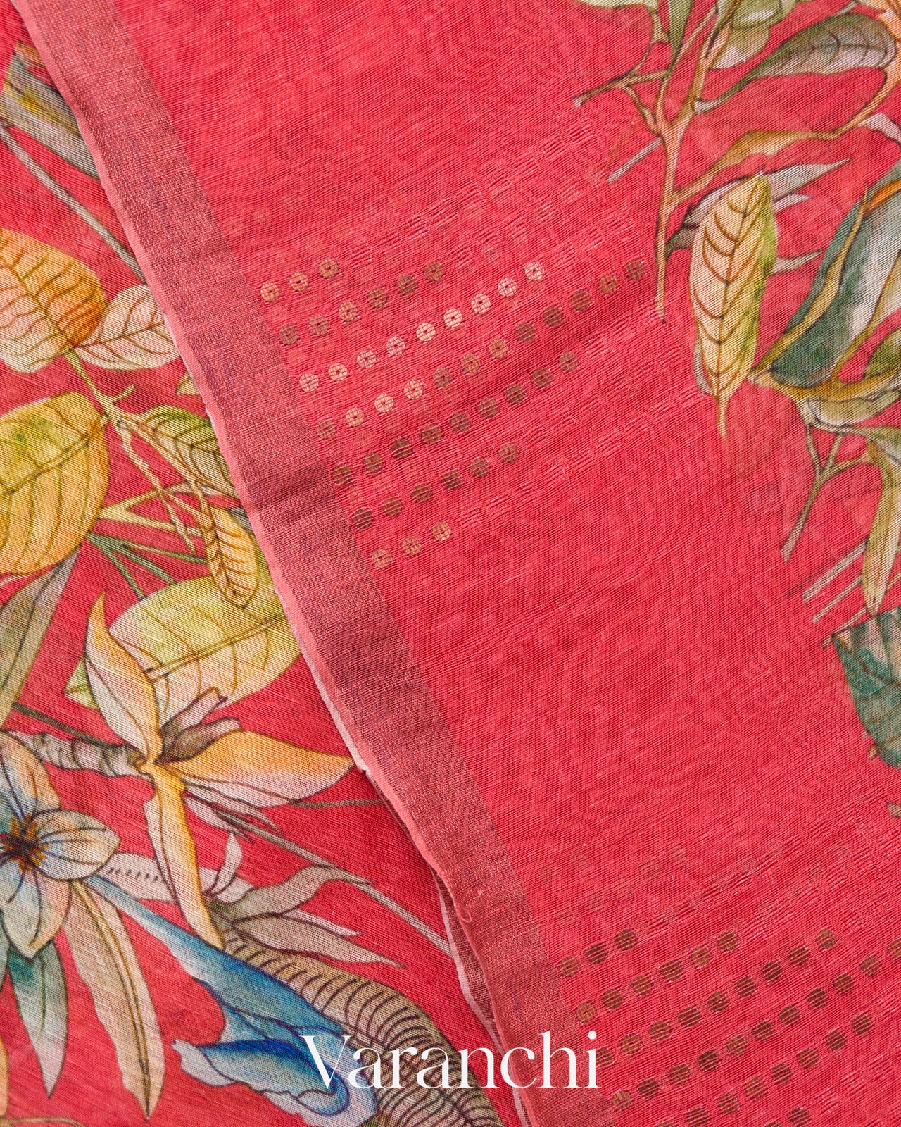 Coral Red Floral Digital Printed Pure Silk Linen Handloom Saree