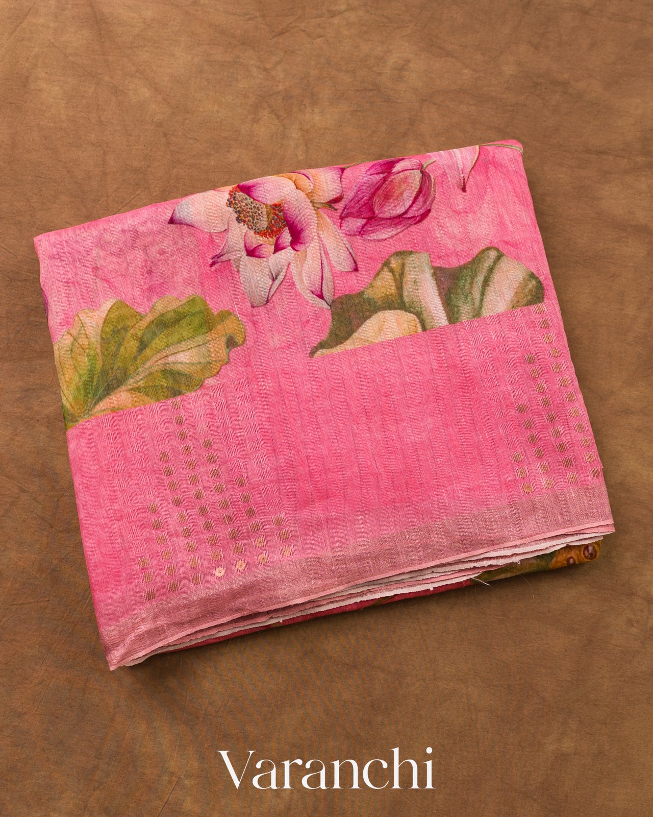 Rose Pink Digital Printed Pure Silk Linen Handloom Saree