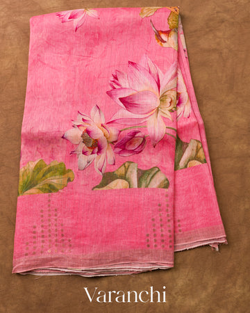 Rose Pink Digital Printed Pure Silk Linen Handloom Saree