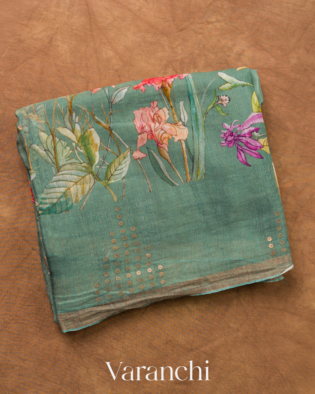 Sea Green Floral Digital Printed Pure Silk Linen Handloom Saree