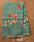 Sea Green Floral Digital Printed Pure Silk Linen Handloom Saree