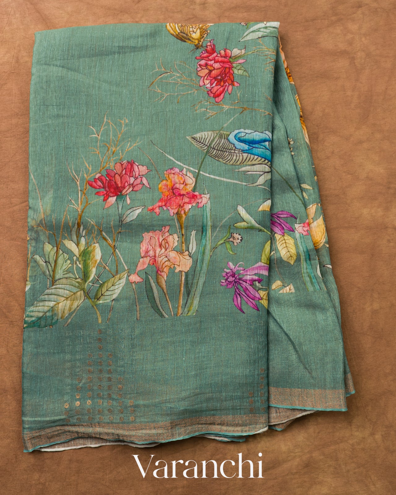 Sea Green Floral Digital Printed Pure Silk Linen Handloom Saree