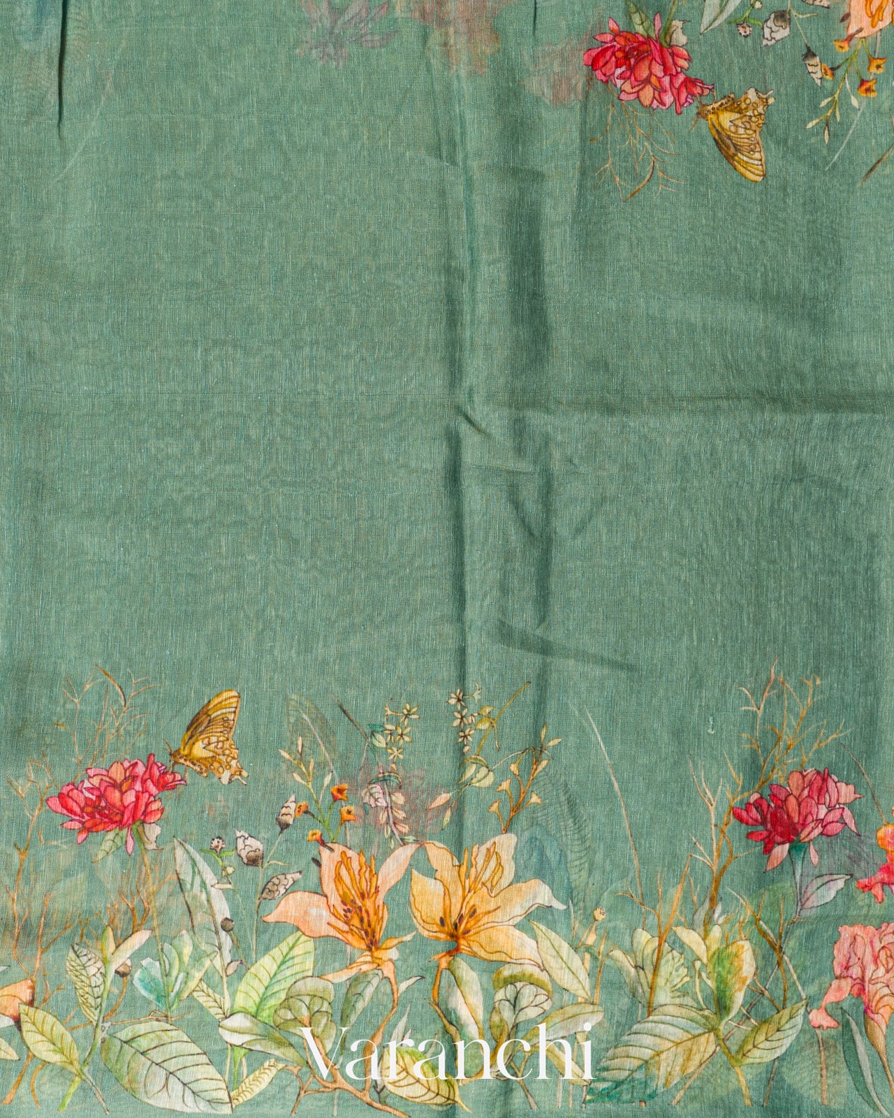 Sea Green Floral Digital Printed Pure Silk Linen Handloom Saree
