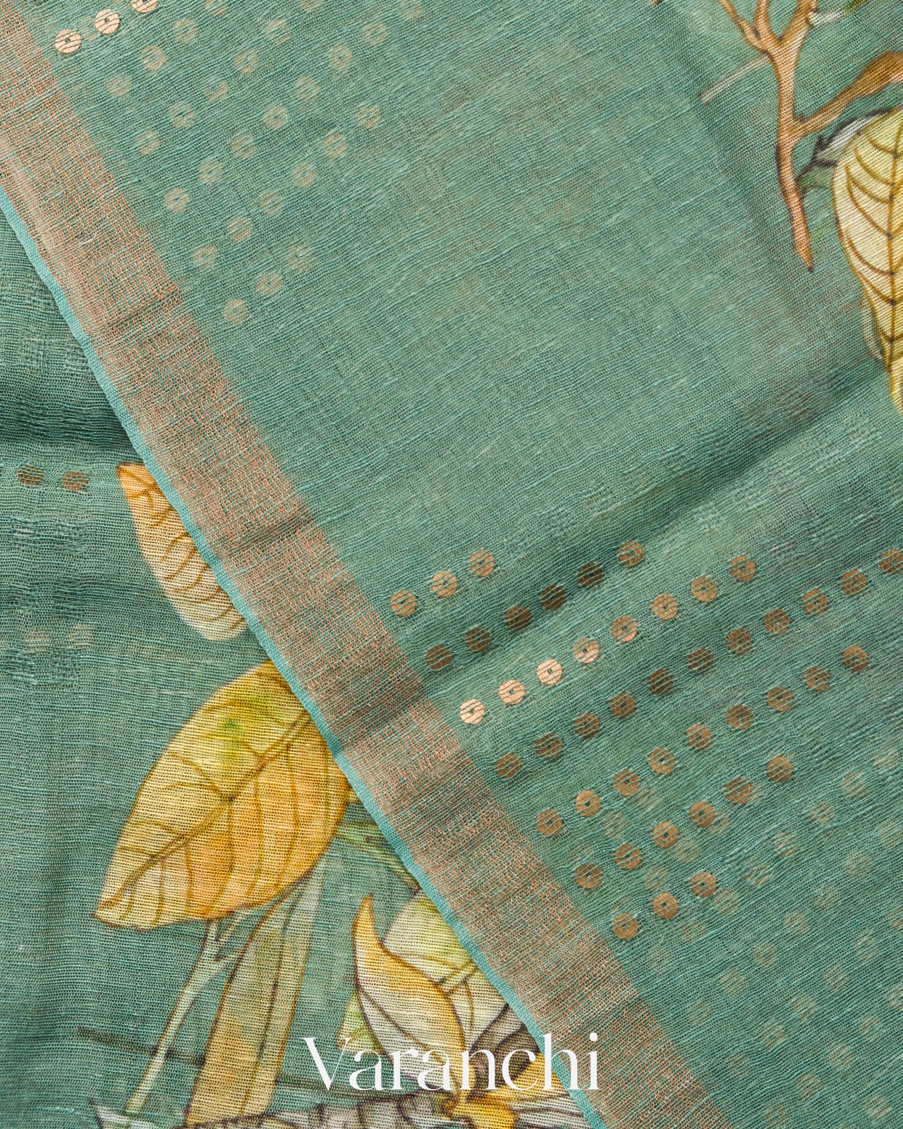 Sea Green Floral Digital Printed Pure Silk Linen Handloom Saree