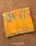 Mustard Yellow Floral Digital Print Pure Silk Linen Handloom Saree