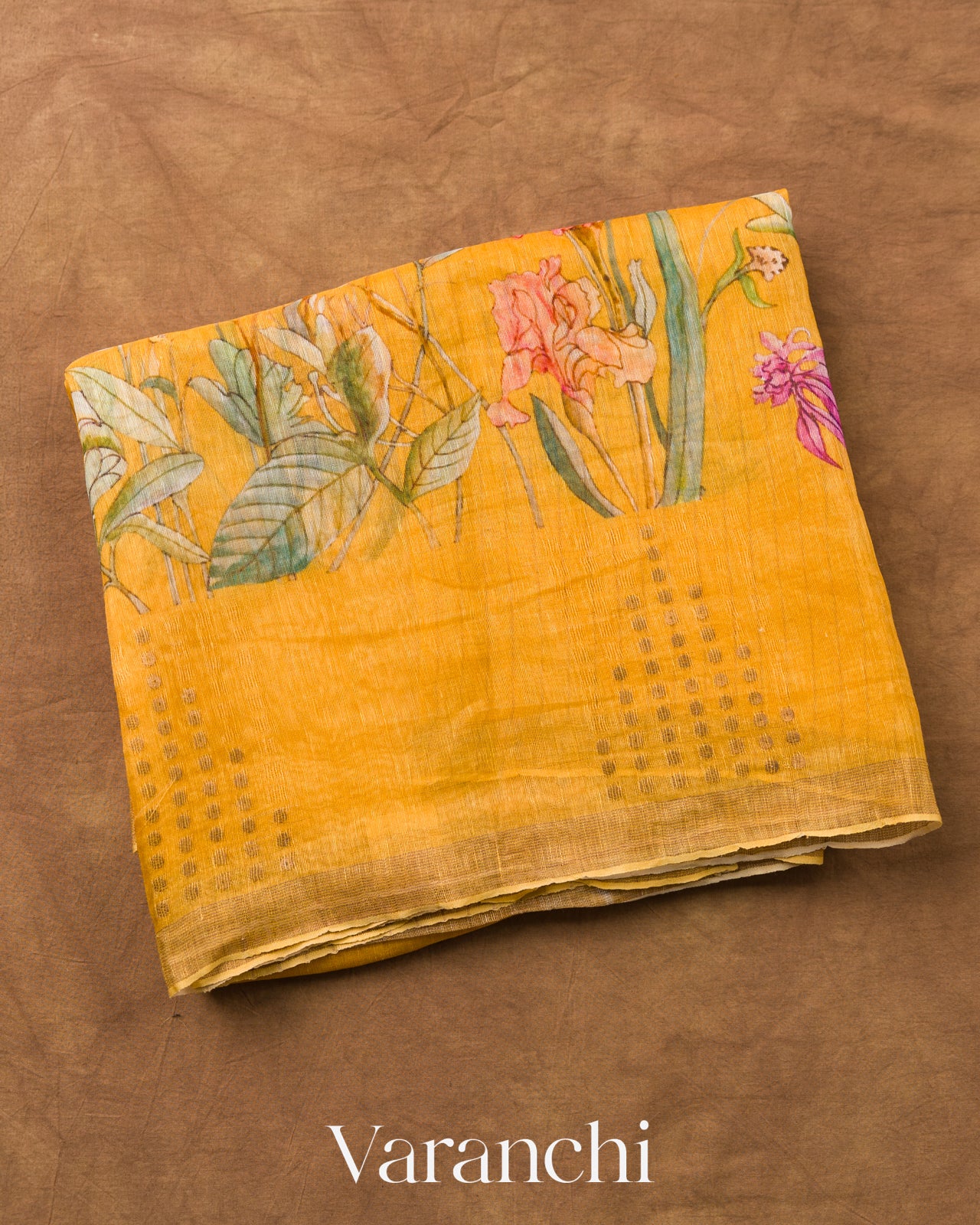 Mustard Yellow Floral Digital Print Pure Silk Linen Handloom Saree