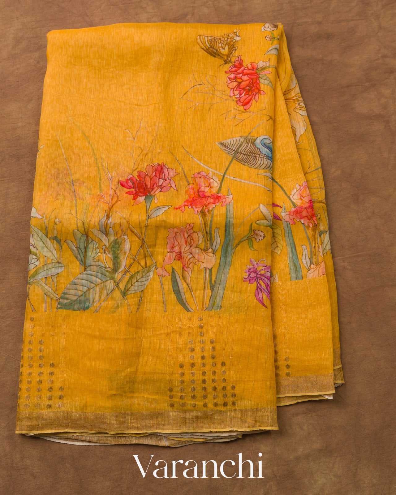Mustard Yellow Floral Digital Print Pure Silk Linen Handloom Saree