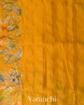 Mustard Yellow Floral Digital Print Pure Silk Linen Handloom Saree