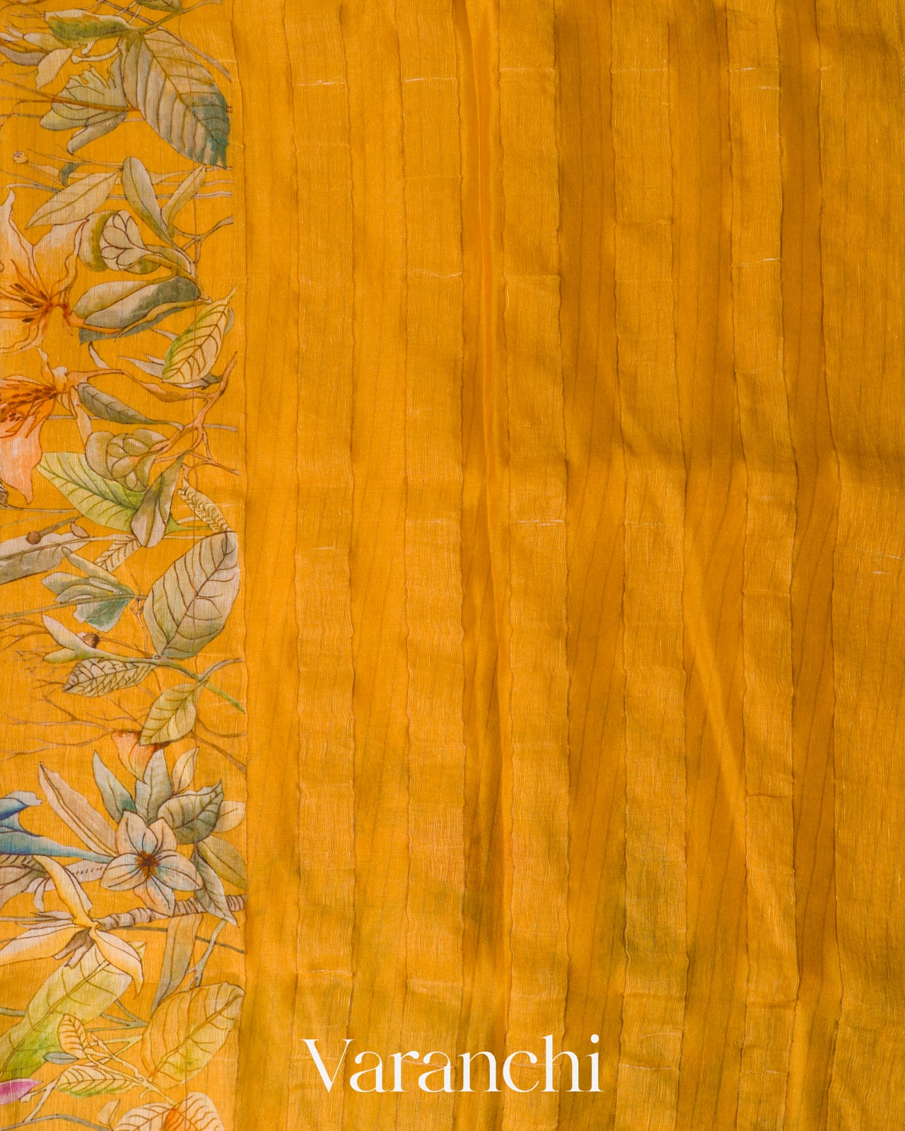 Mustard Yellow Floral Digital Print Pure Silk Linen Handloom Saree