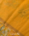 Mustard Yellow Floral Digital Print Pure Silk Linen Handloom Saree