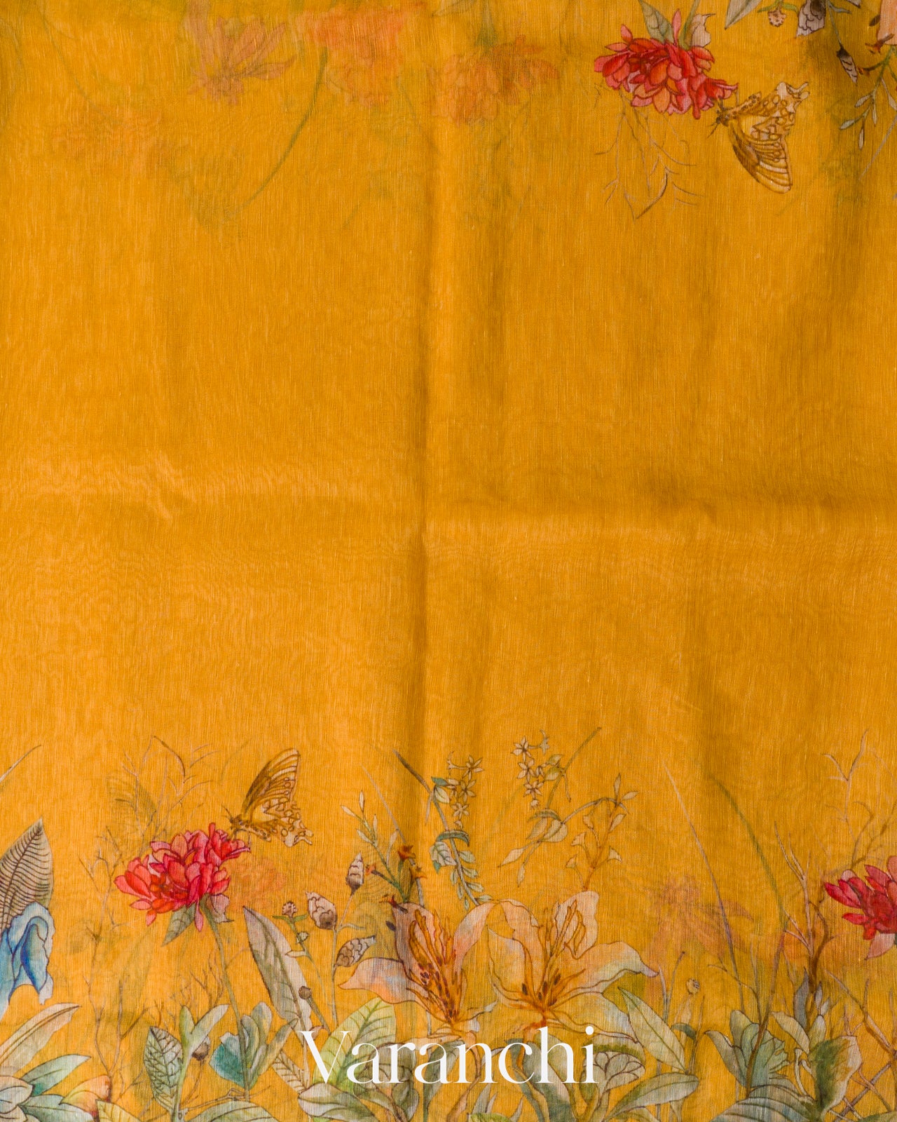 Mustard Yellow Floral Digital Print Pure Silk Linen Handloom Saree