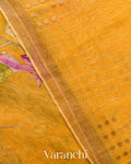 Mustard Yellow Floral Digital Print Pure Silk Linen Handloom Saree