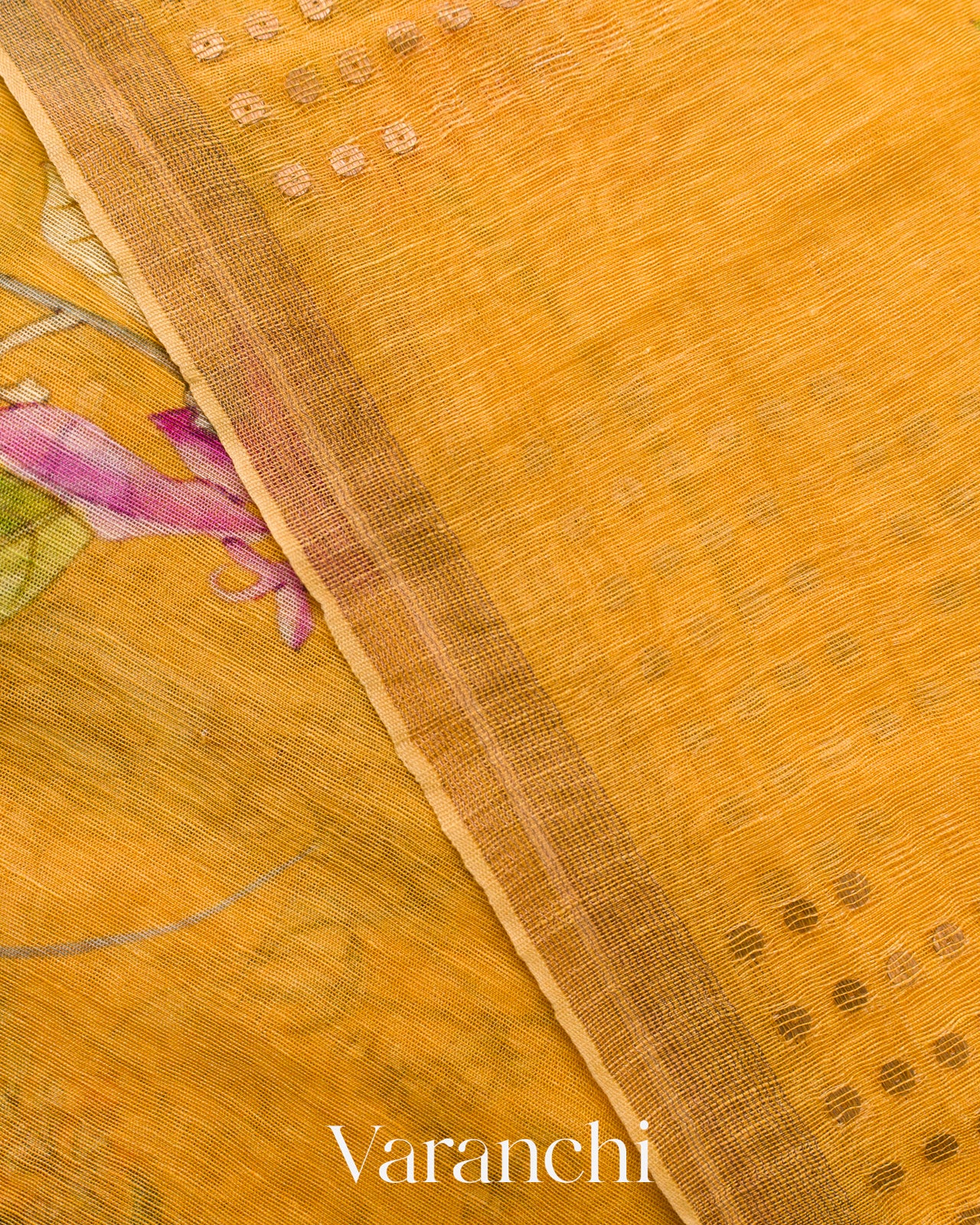 Mustard Yellow Floral Digital Print Pure Silk Linen Handloom Saree