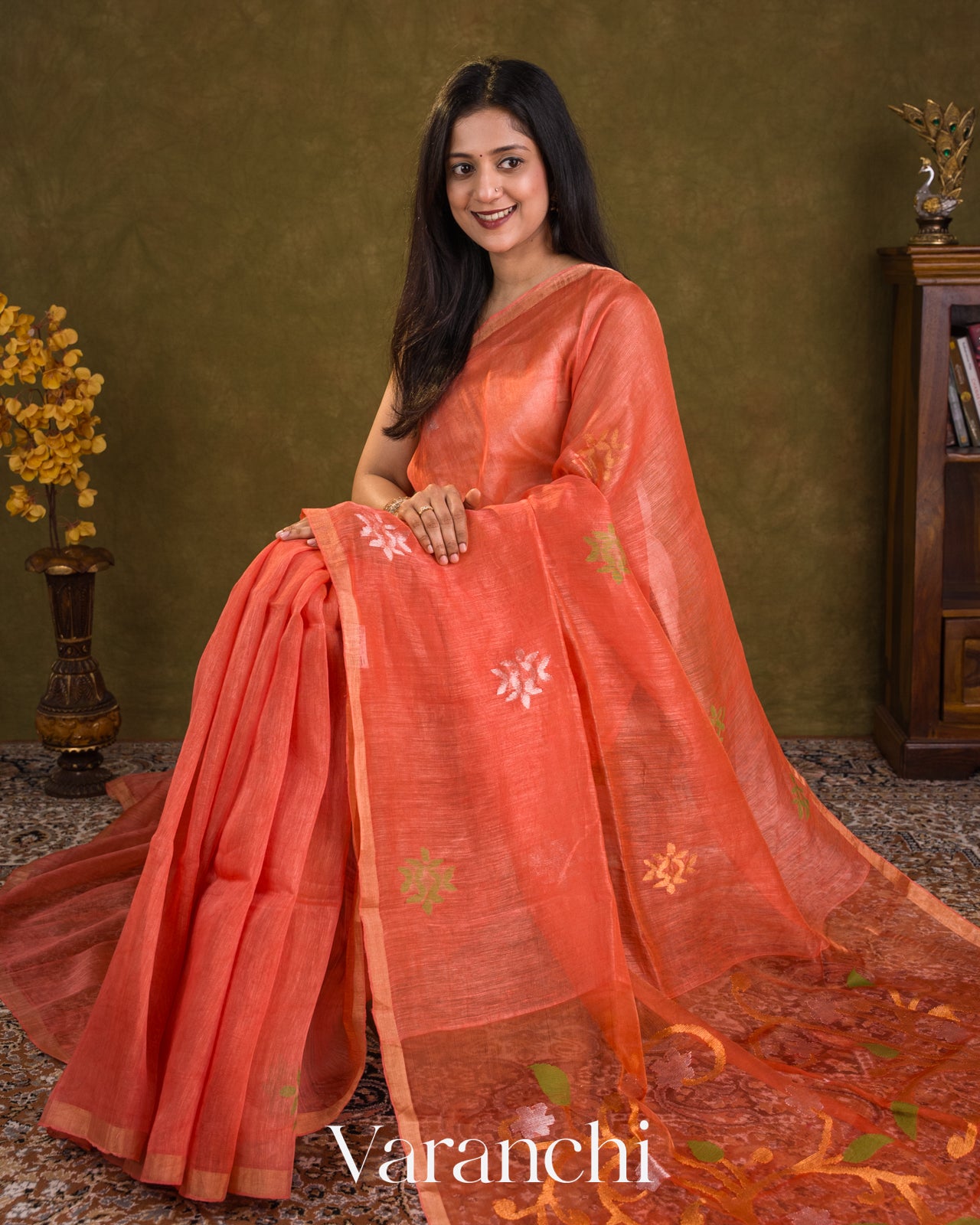 Coral Jamdani Pure Silk Linen Handloom Saree