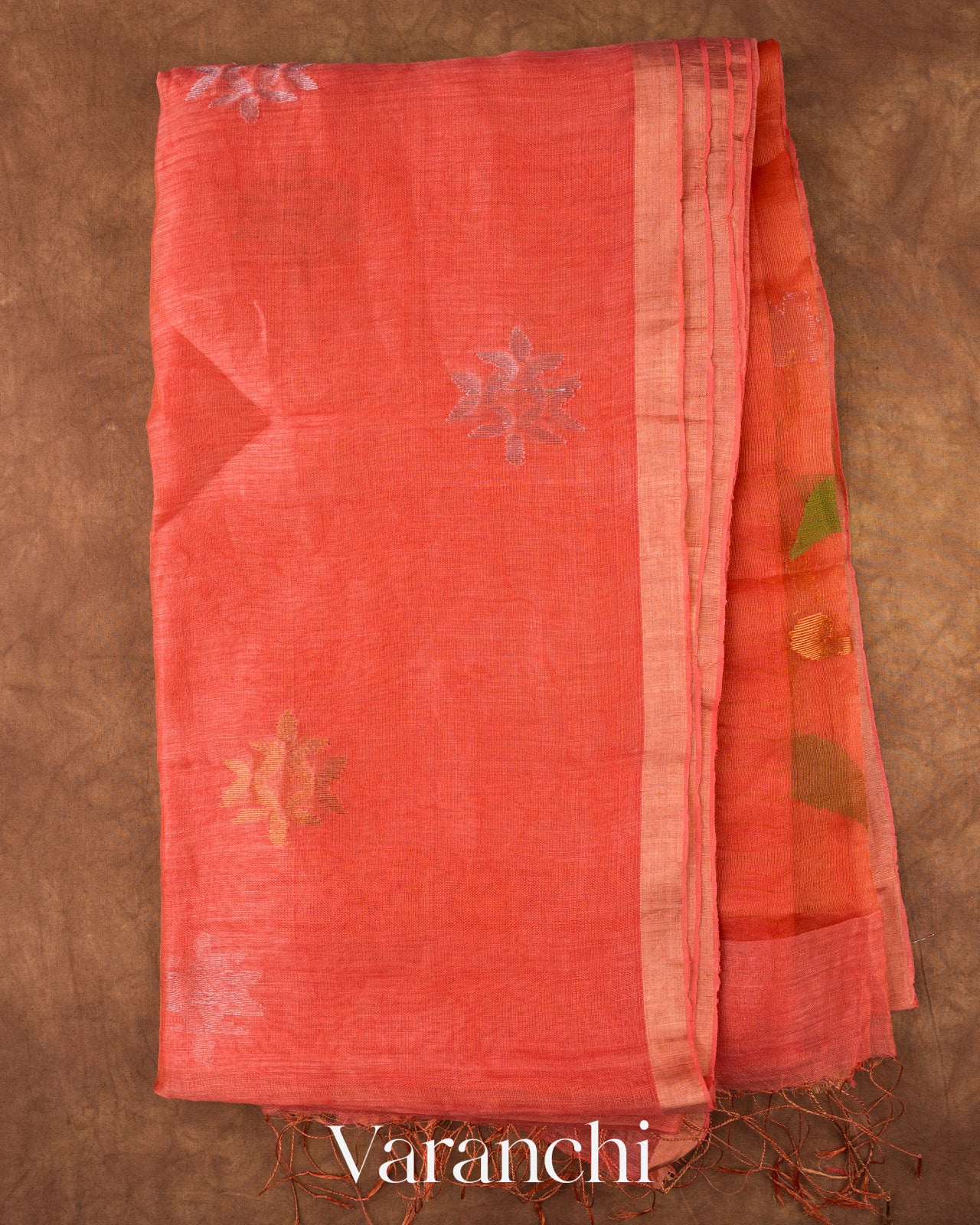 Coral Jamdani Pure Silk Linen Handloom Saree