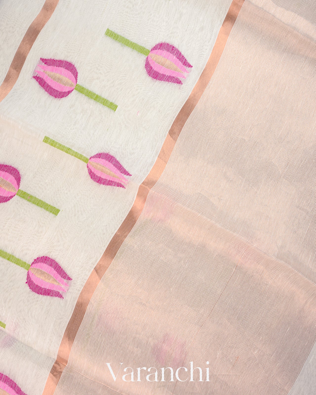 Off White Lotus Jamdani Pure Silk Linen Handloom Saree
