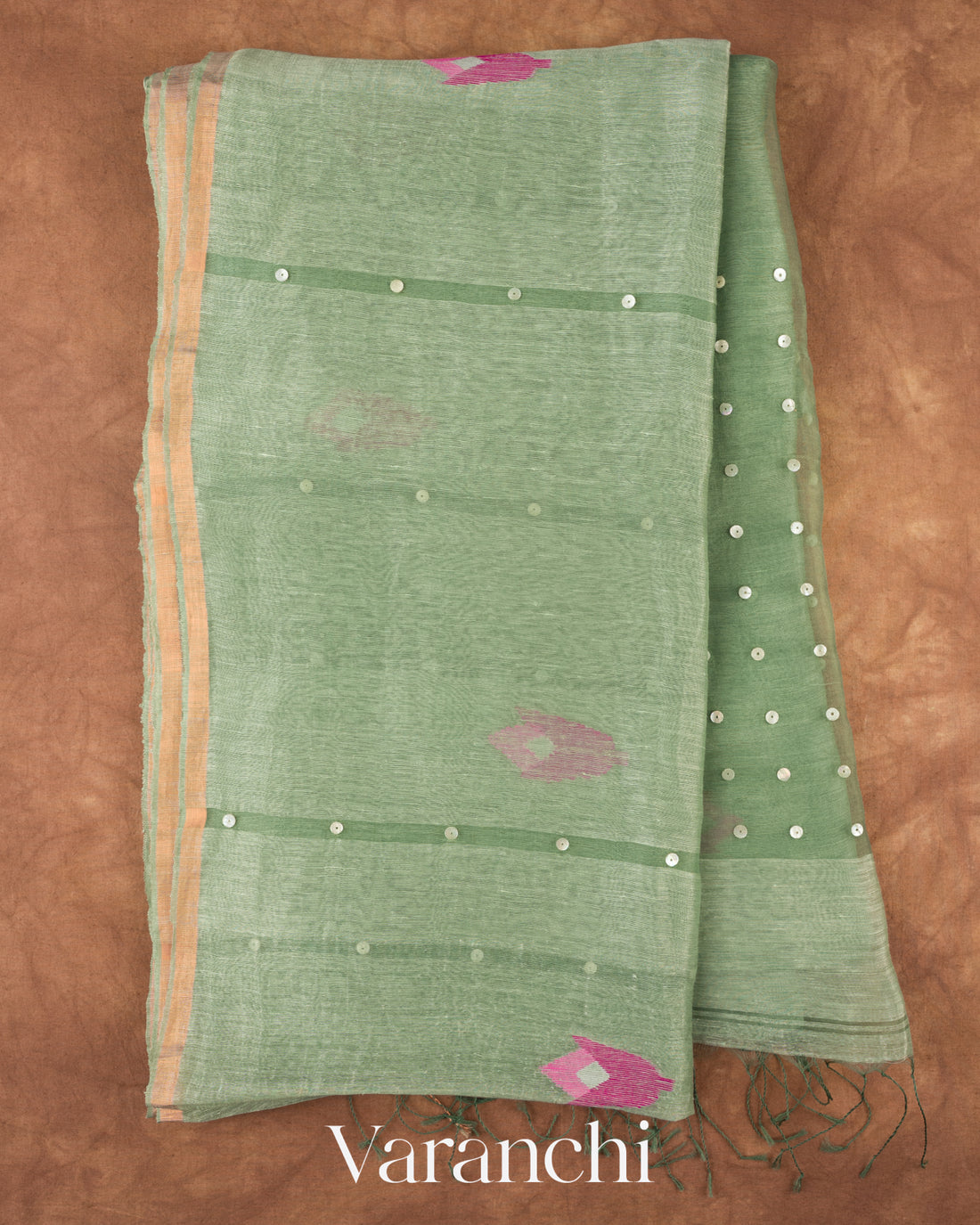 Sage Green Jamdani Pure Silk Linen Handloom Saree