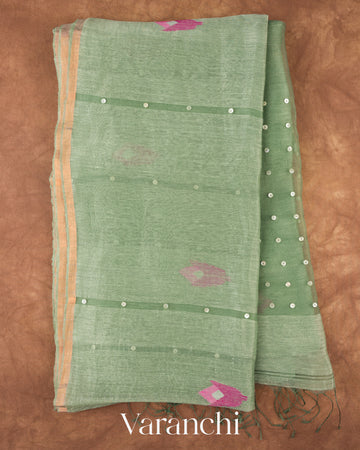 Sage Green Jamdani Pure Silk Linen Handloom Saree