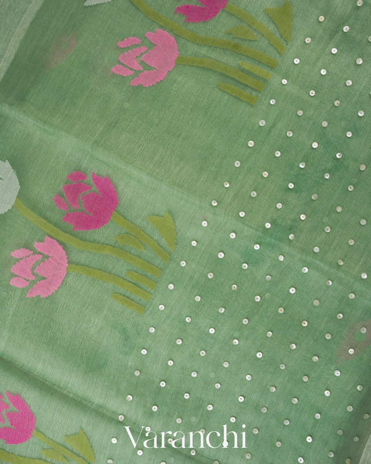 Sage Green Jamdani Pure Silk Linen Handloom Saree